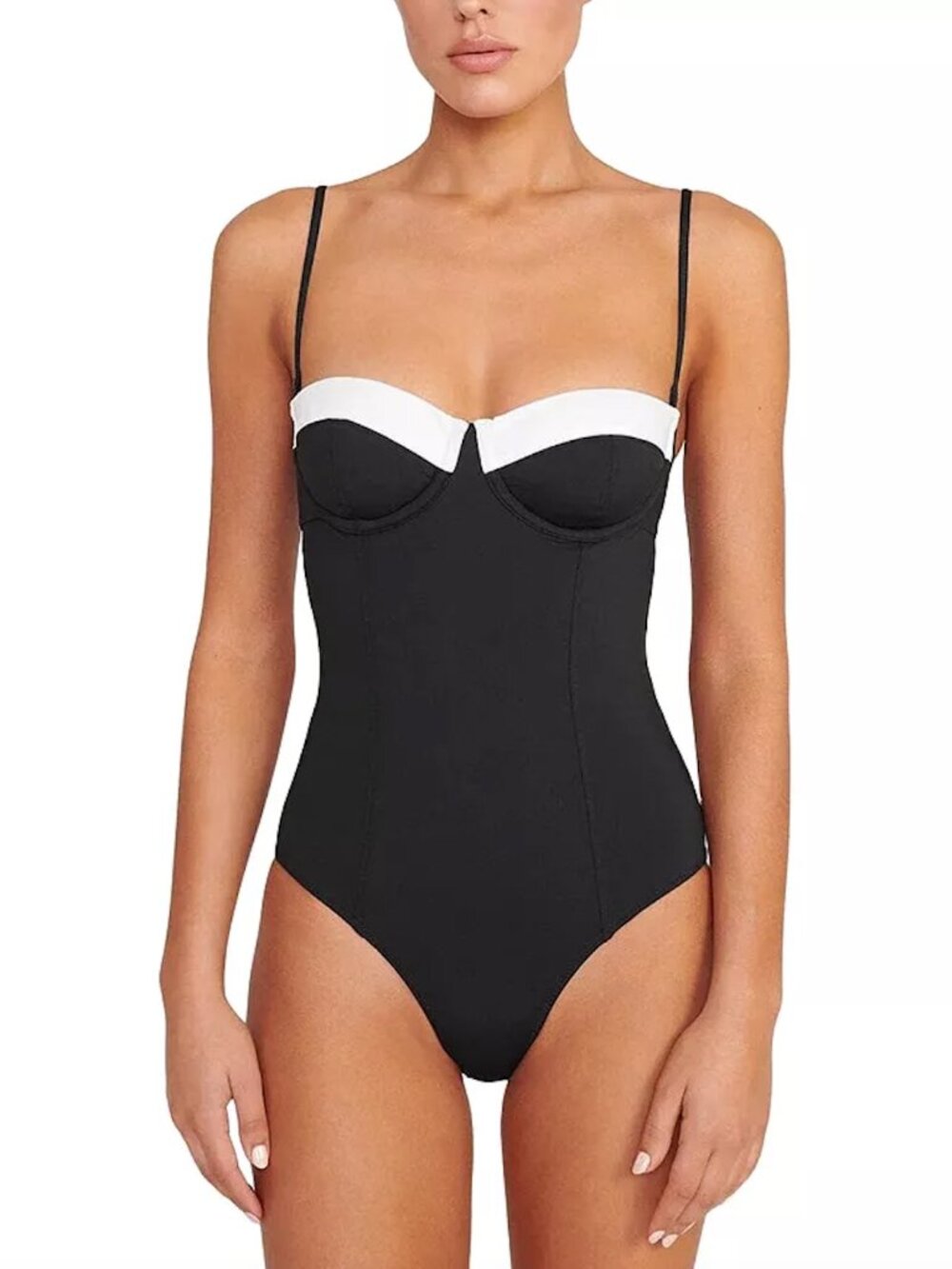 NEW STAUD Maeve One Piece Swimsuit in Black & White Color Block Strapless Medium